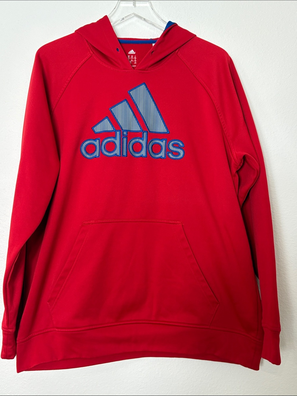 Adidas Men's Red Hoodie with Blue Logo Zip-Up Style